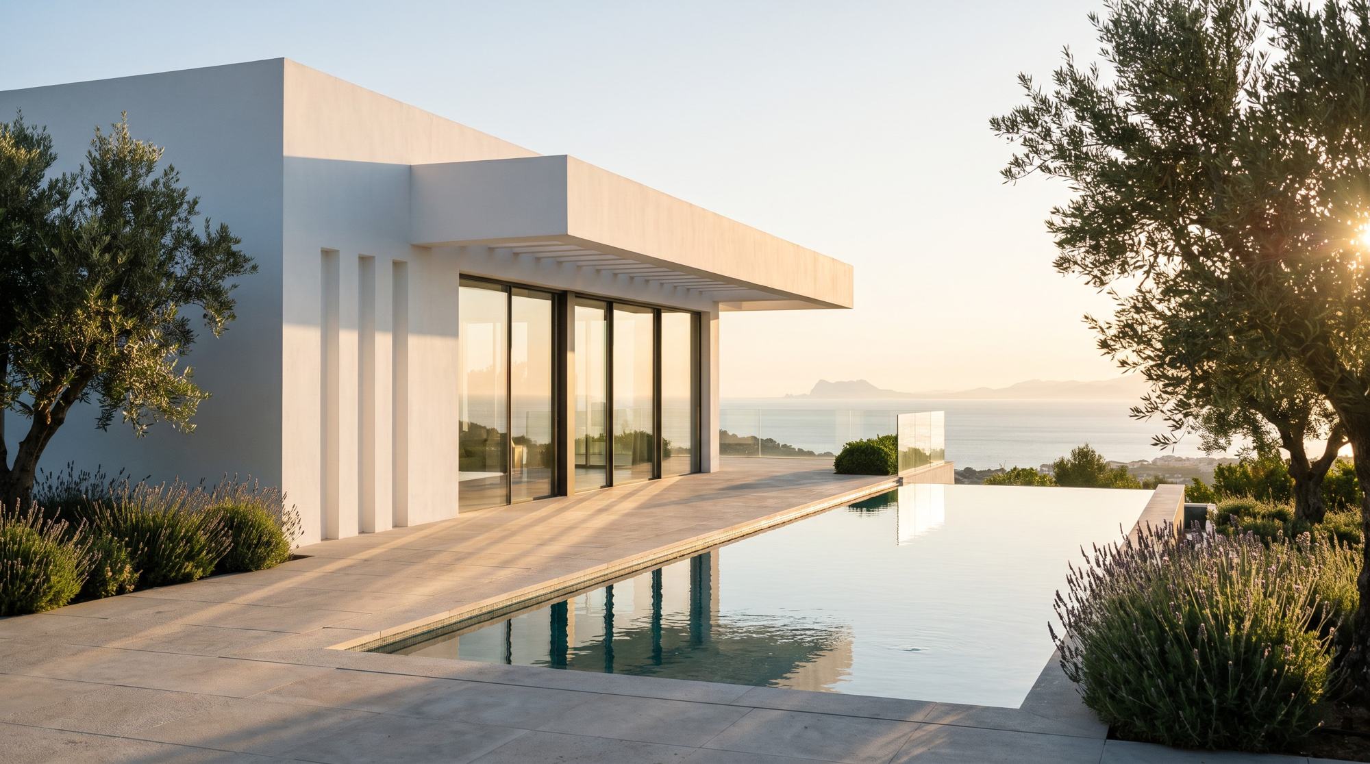 A white villa terrace with an infinity pool facing the sea