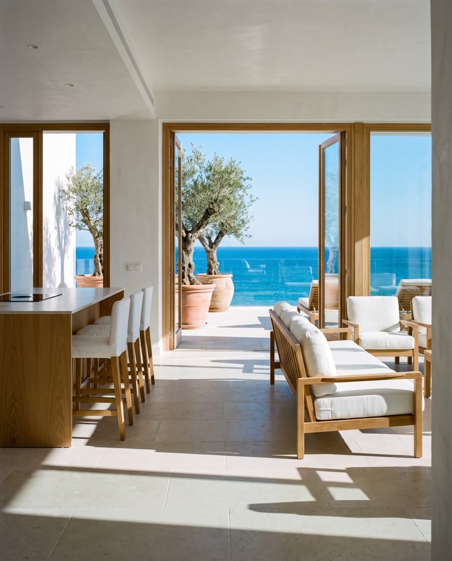 A renovated apartment interior with a sea view